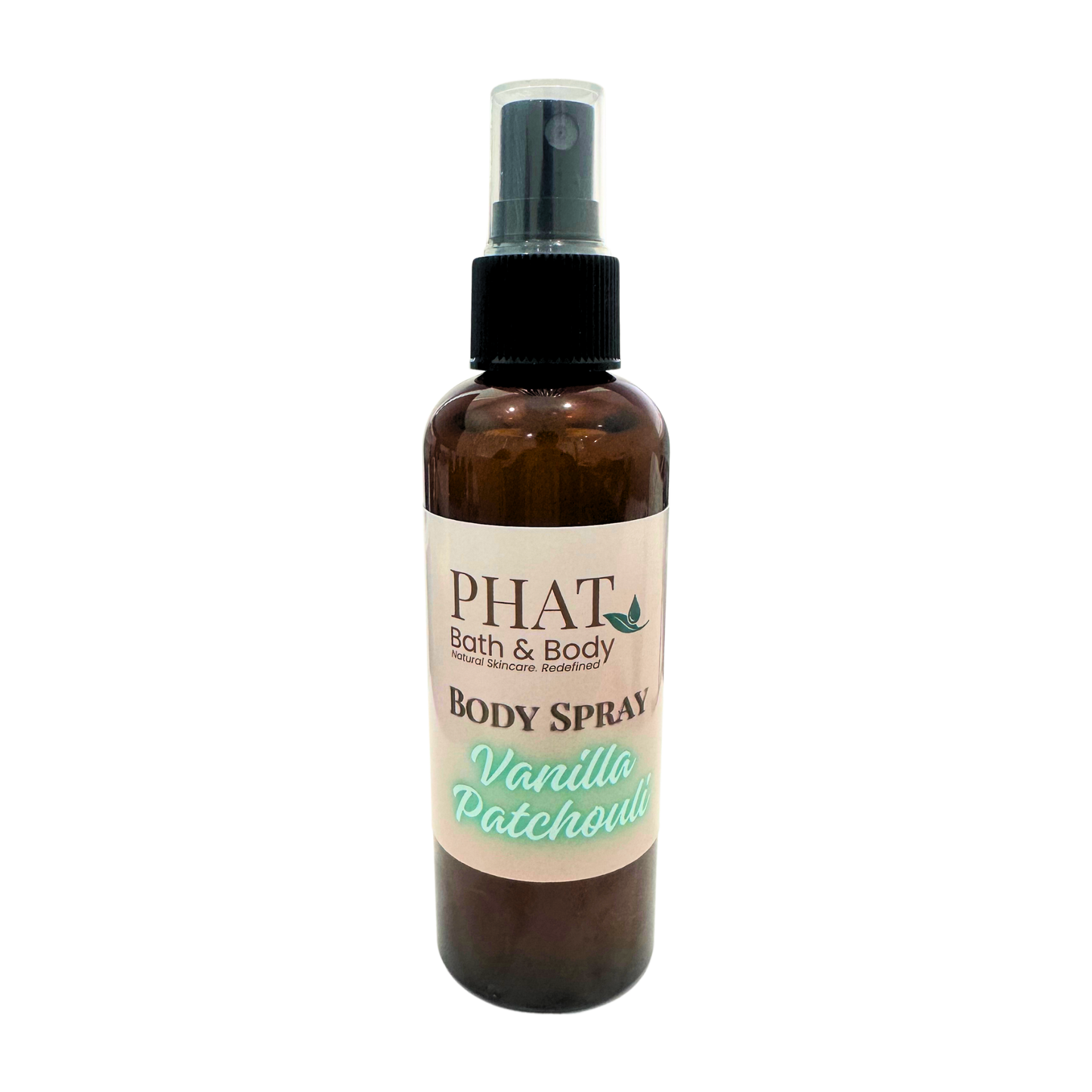 Brown spray bottle labeled 'PHAT Bath & Body Vanilla Patchouli' on a white background