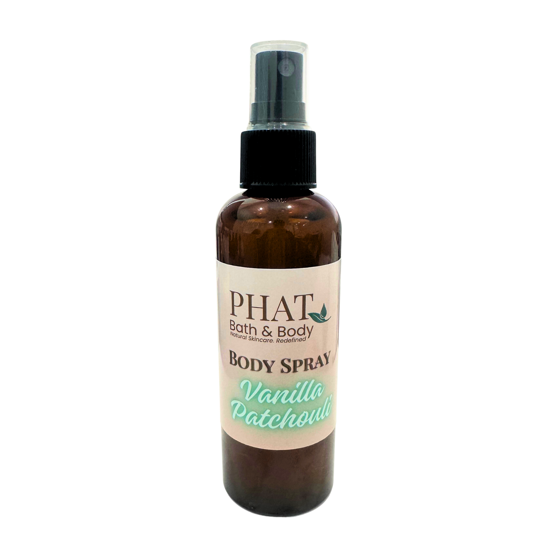 Brown spray bottle labeled 'PHAT Bath & Body Vanilla Patchouli' on a white background