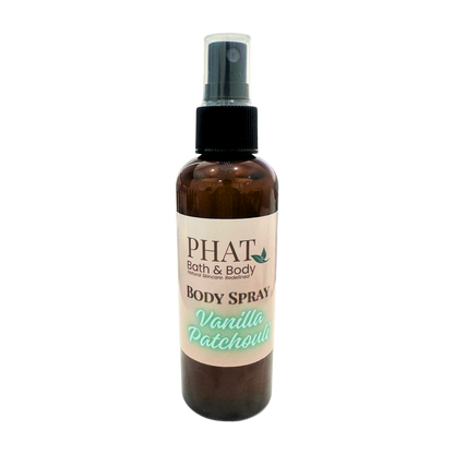 Brown spray bottle labeled 'PHAT Bath & Body Vanilla Patchouli' on a white background