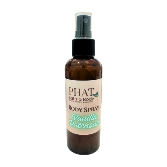 Brown spray bottle labeled 'PHAT Bath & Body Vanilla Patchouli' on a white background