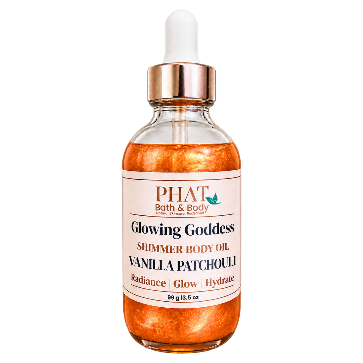 Phat Bath & Body Glowing Goddess Shimmer Body Oil in Vanilla Patchouli, 3.5 oz glass dropper bottle with luminous orange-gold shimmer.