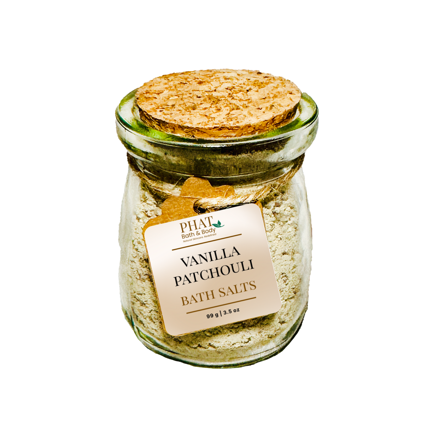 Jar of Vanilla Patchouli Bath Salts with a cork lid on a white background