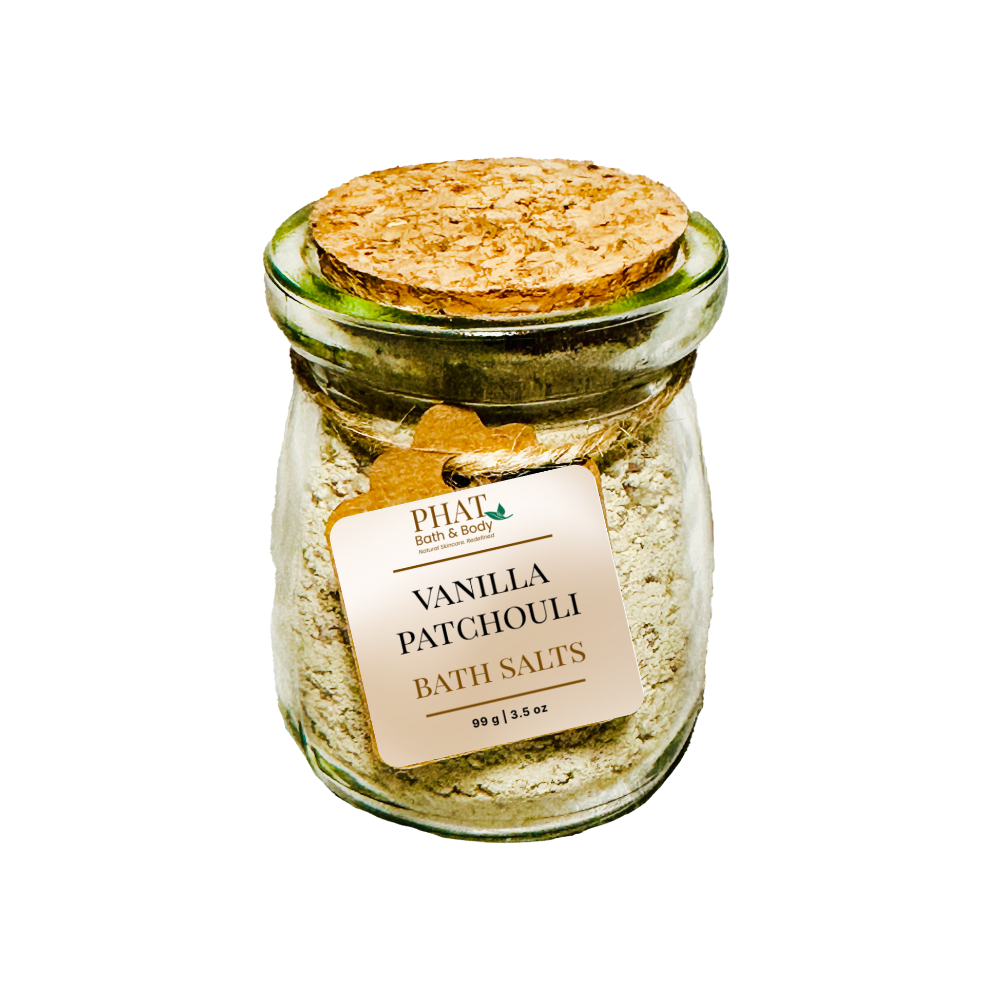 Jar of Vanilla Patchouli Bath Salts with a cork lid on a white background