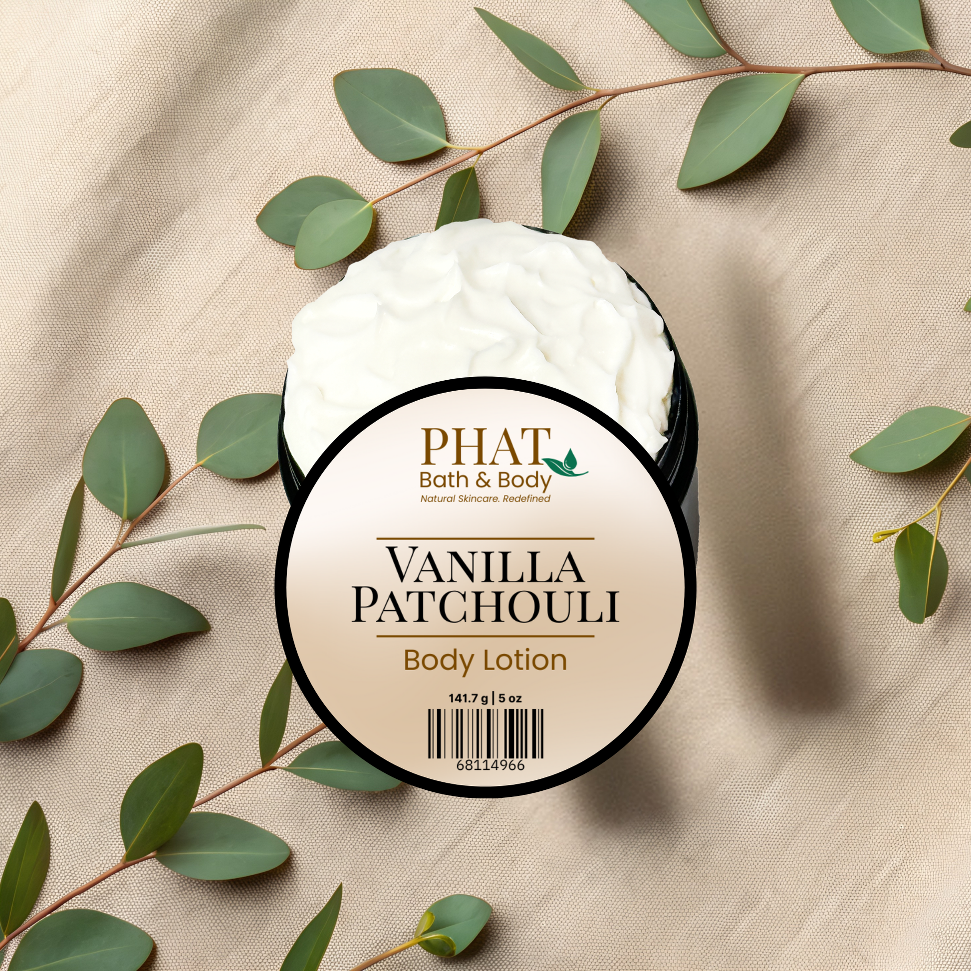 Body lotion with green leaves on a beige fabric background
