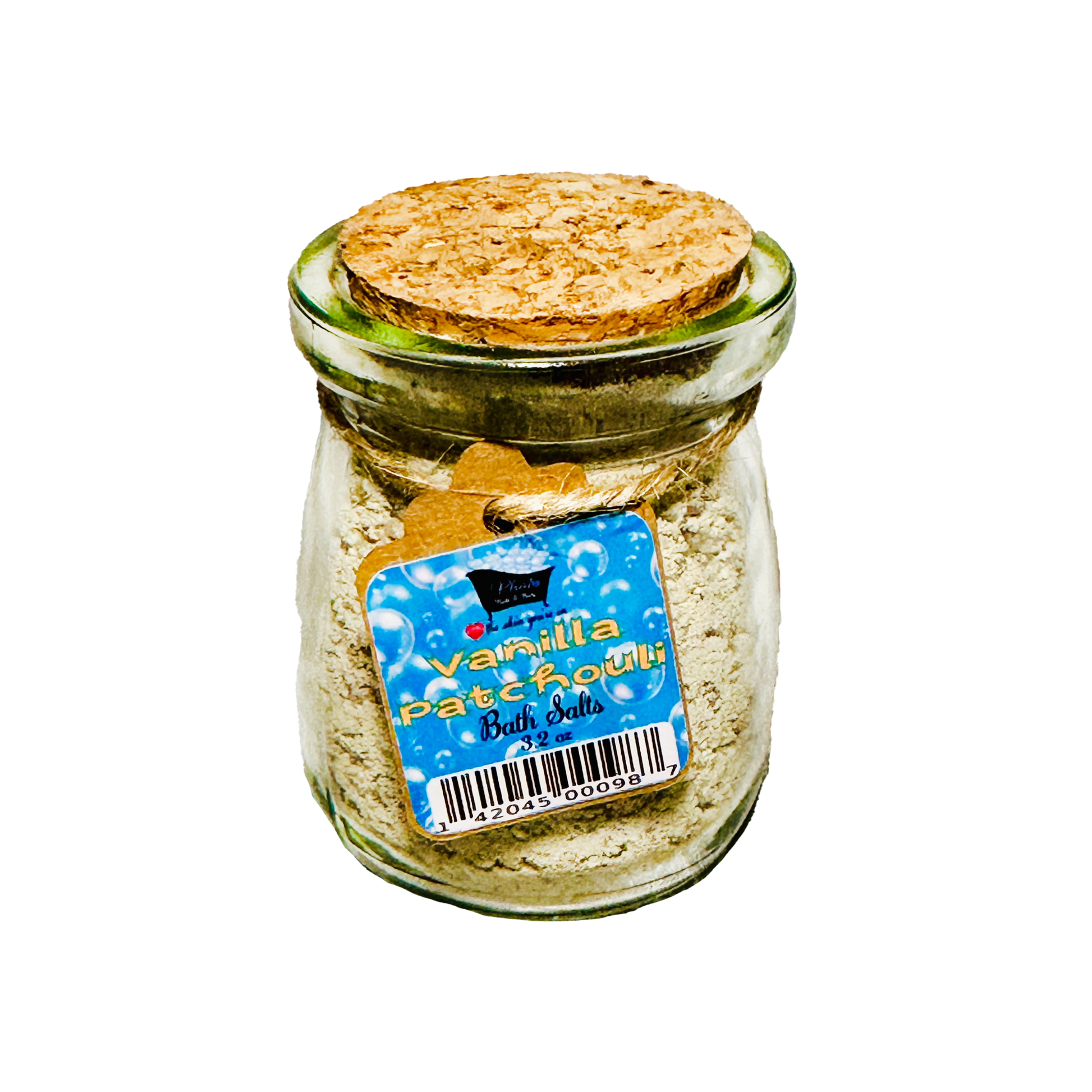 Jar of vanilla patchouli bath salts with a cork lid on a white background