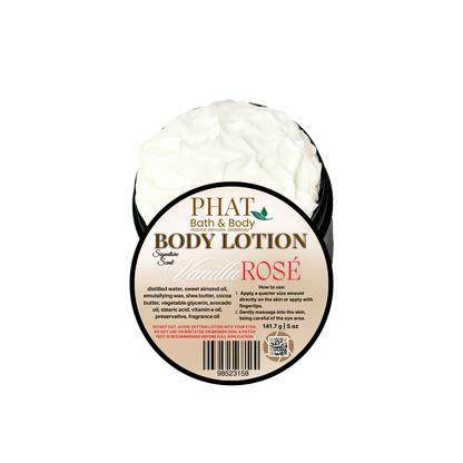 Body lotion container labeled 'Phat Bath & Body' with 'Vanilla Rosé' on a white background