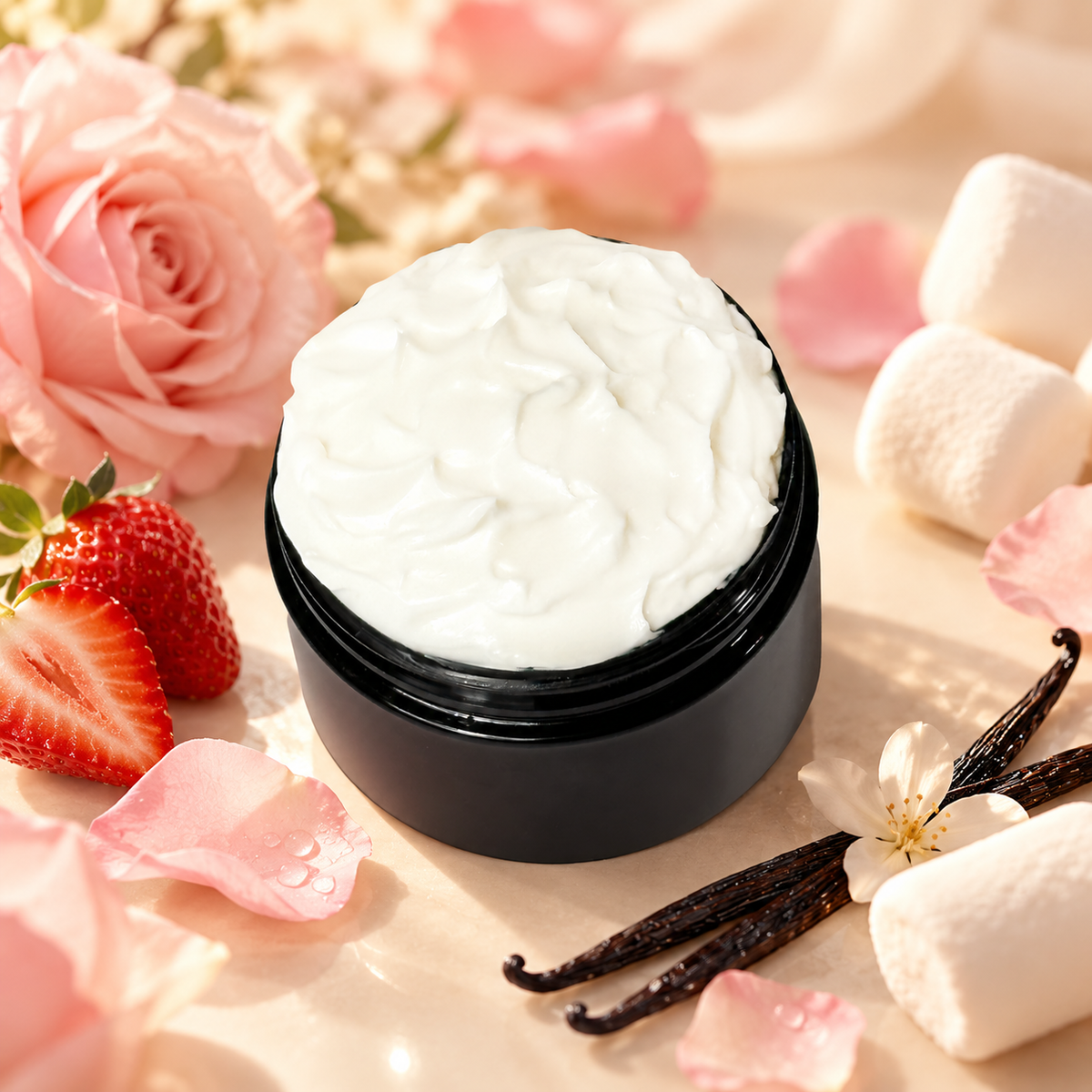 Open jar of Phat Bath & Body Vanilla Rosé Body Lotion with strawberry, rose-toned florals, marshmallow and vanilla accents.
