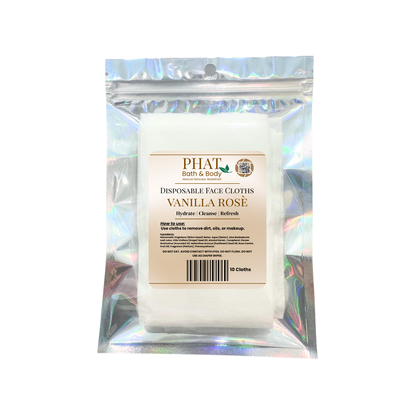 Pack of disposable face cloths with 'Phat Bath & Body' branding on a white background