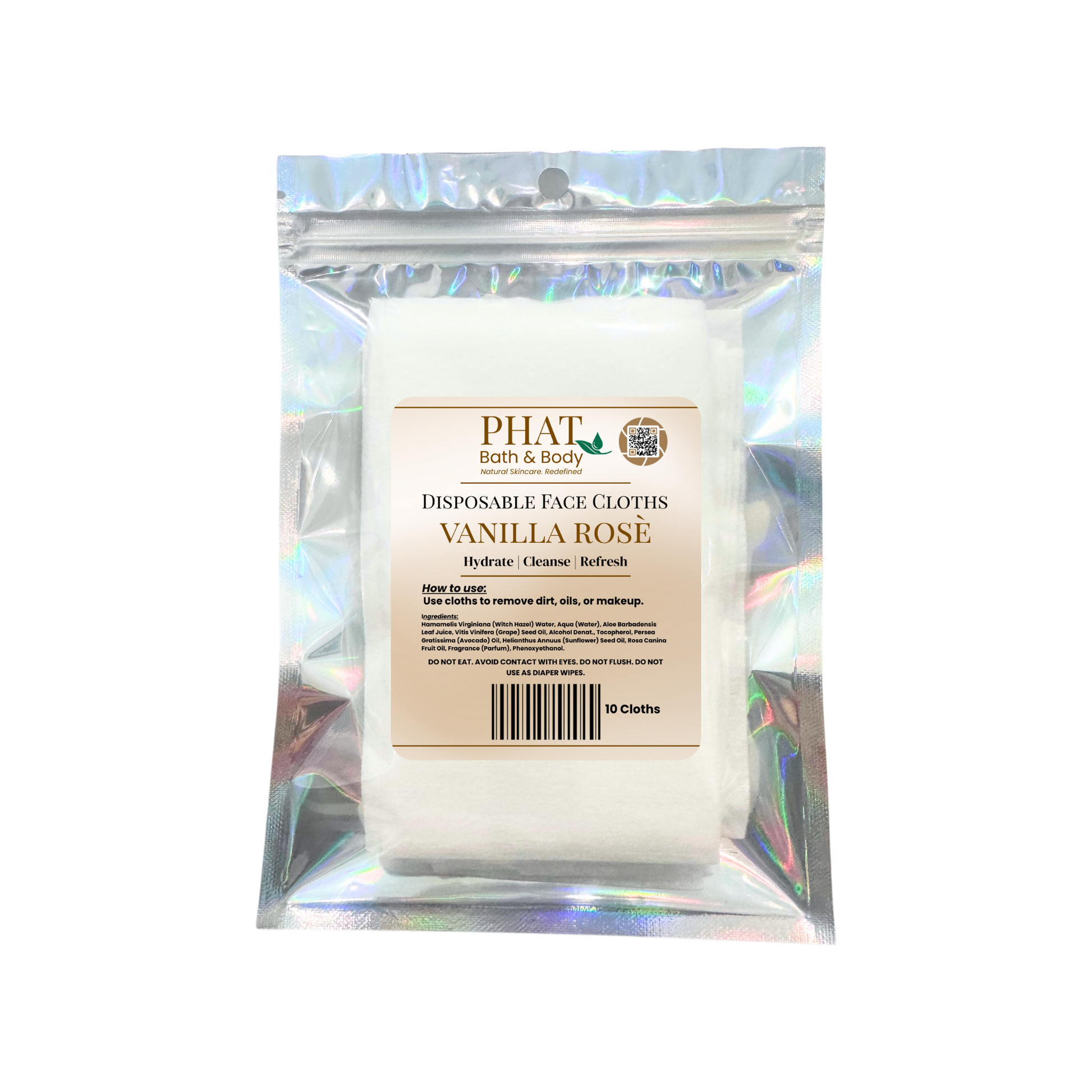 Pack of disposable face cloths with 'Phat Bath & Body' branding on a white background