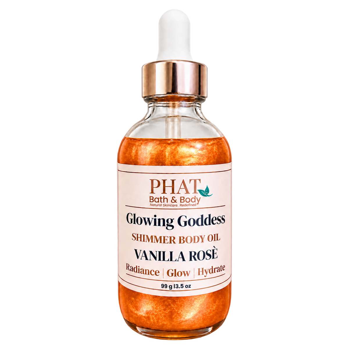 Phat Bath & Body Glowing Goddess Shimmer Body Oil in Vanilla Rosè, 3.5 oz glass dropper bottle with radiant golden shimmer oil.