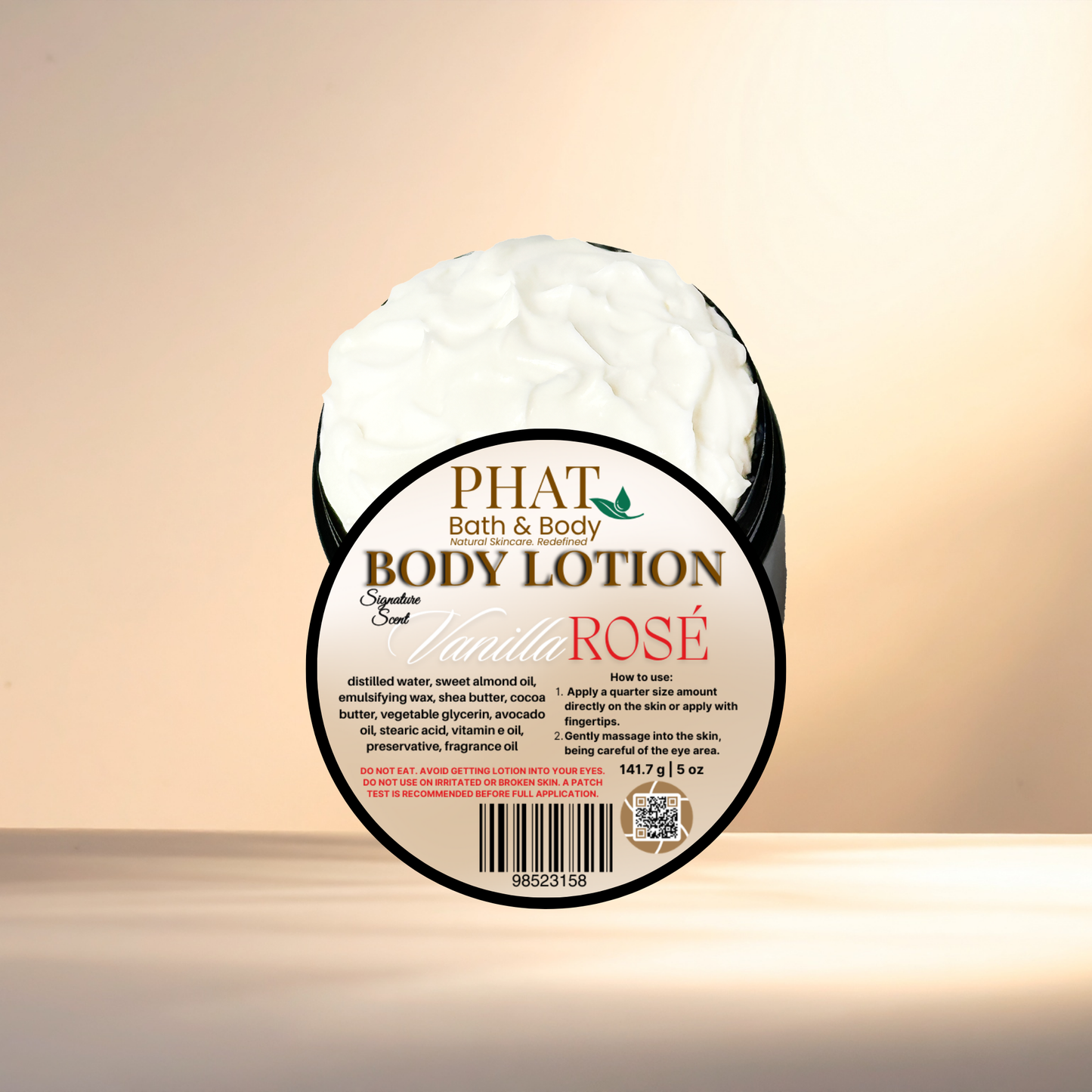 Body lotion container with 'Phat Bath & Body' branding on a gradient background