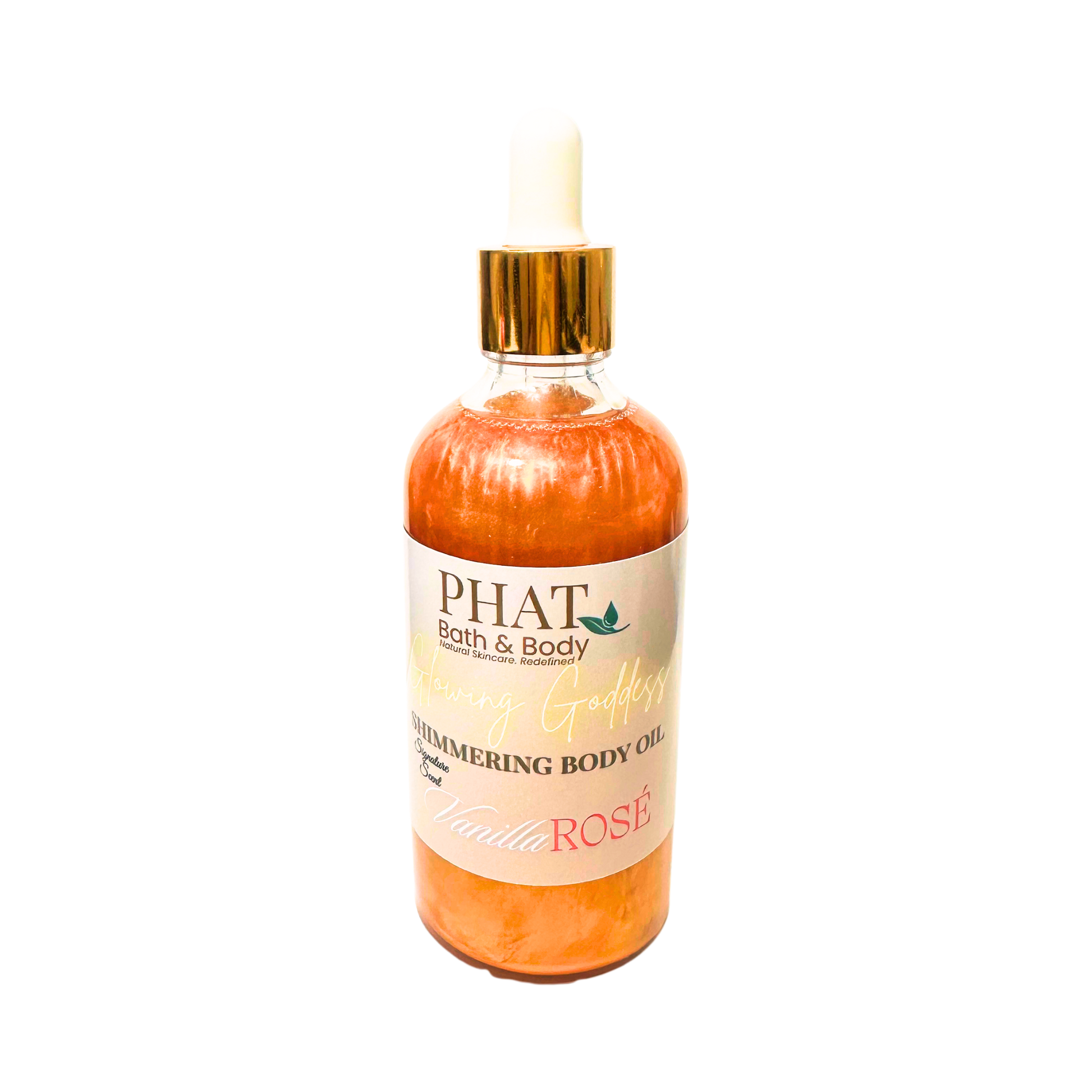 Body oil bottle with gold cap and visible 'PHAT Bath & Body' label on a white background