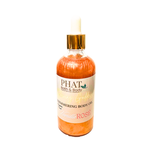 Body oil bottle with gold cap and visible 'PHAT Bath & Body' label on a white background
