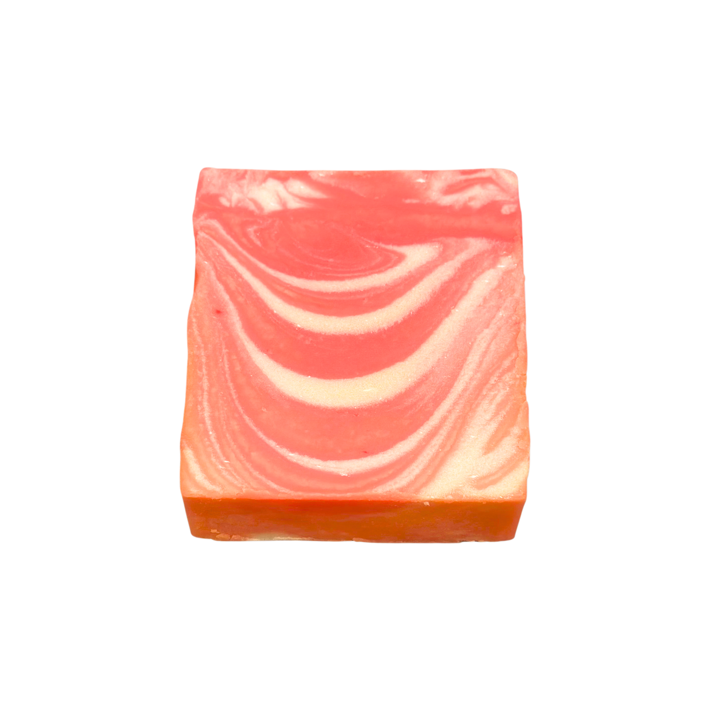 Swirled pink and orange soap bar on a white background