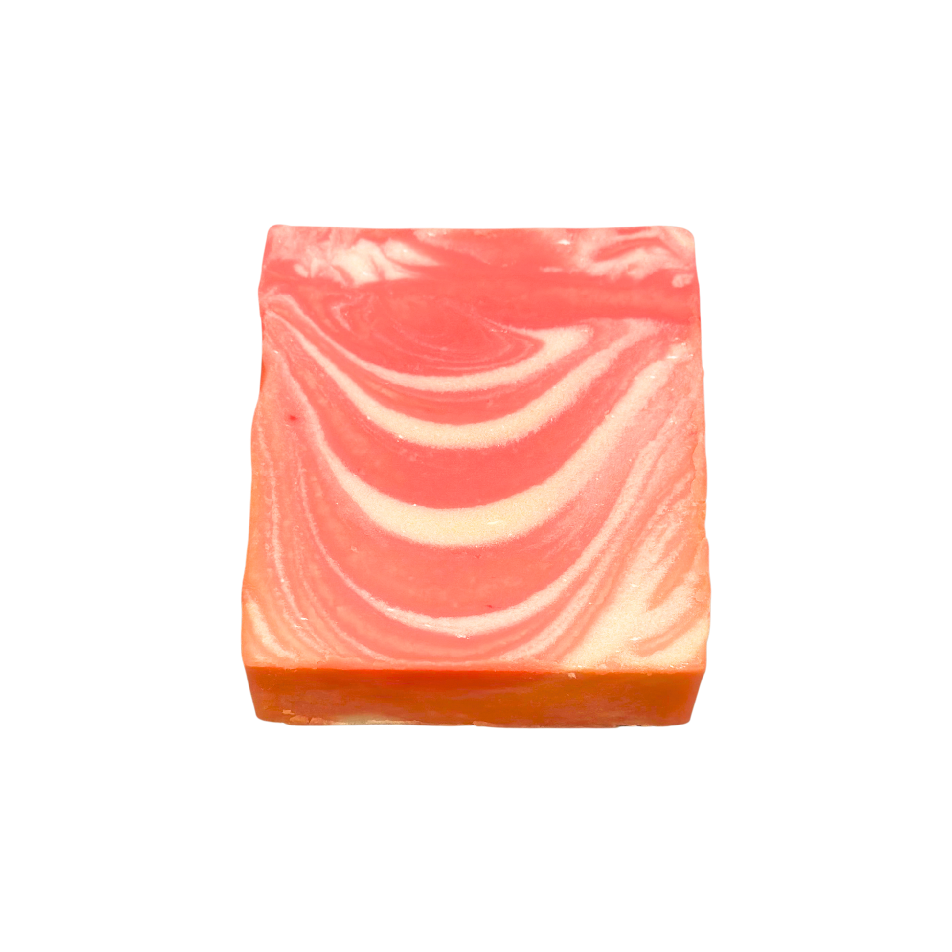 Swirled pink and orange soap bar on a white background