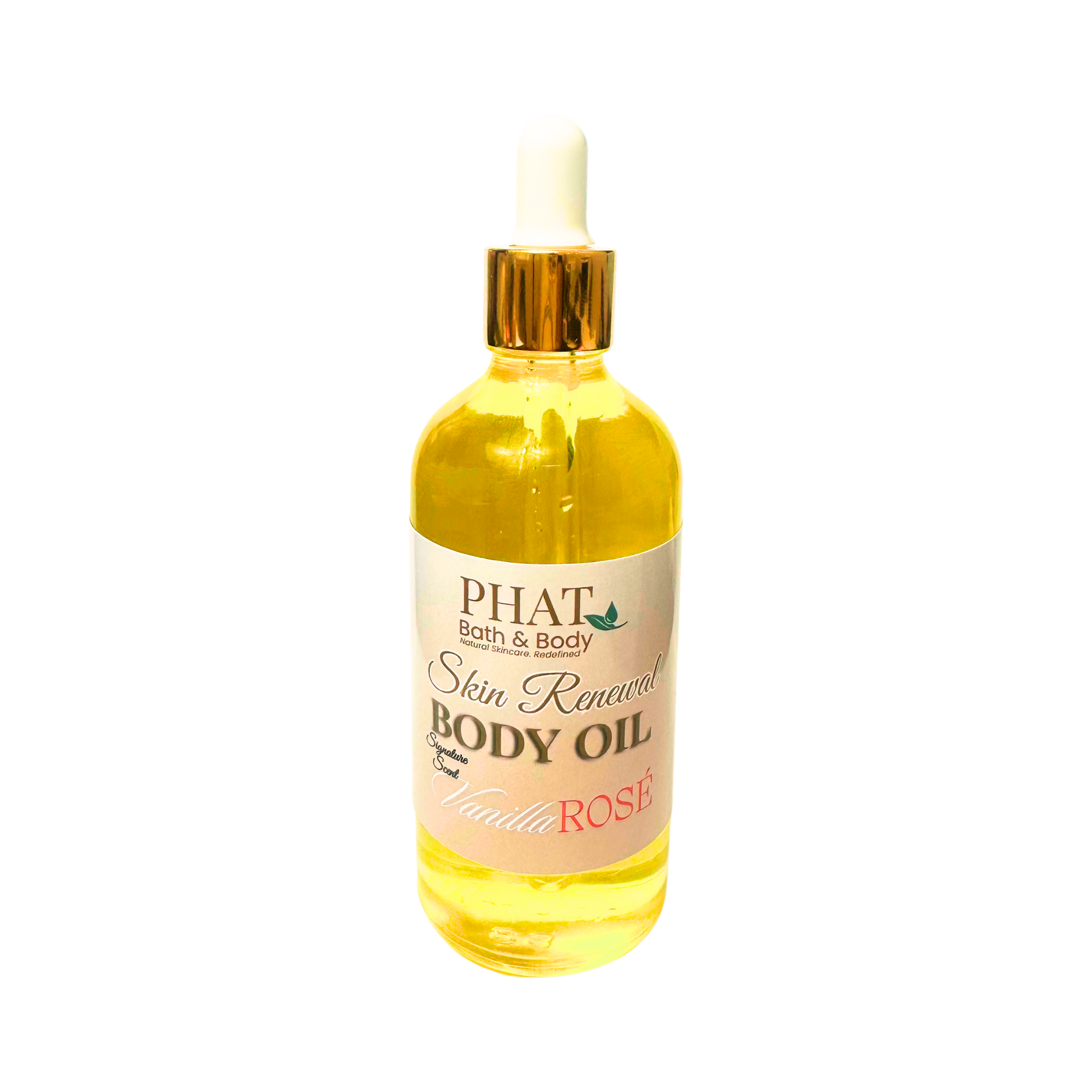 Bottle of Phat Bath & Body body oil with a gold cap on a white background