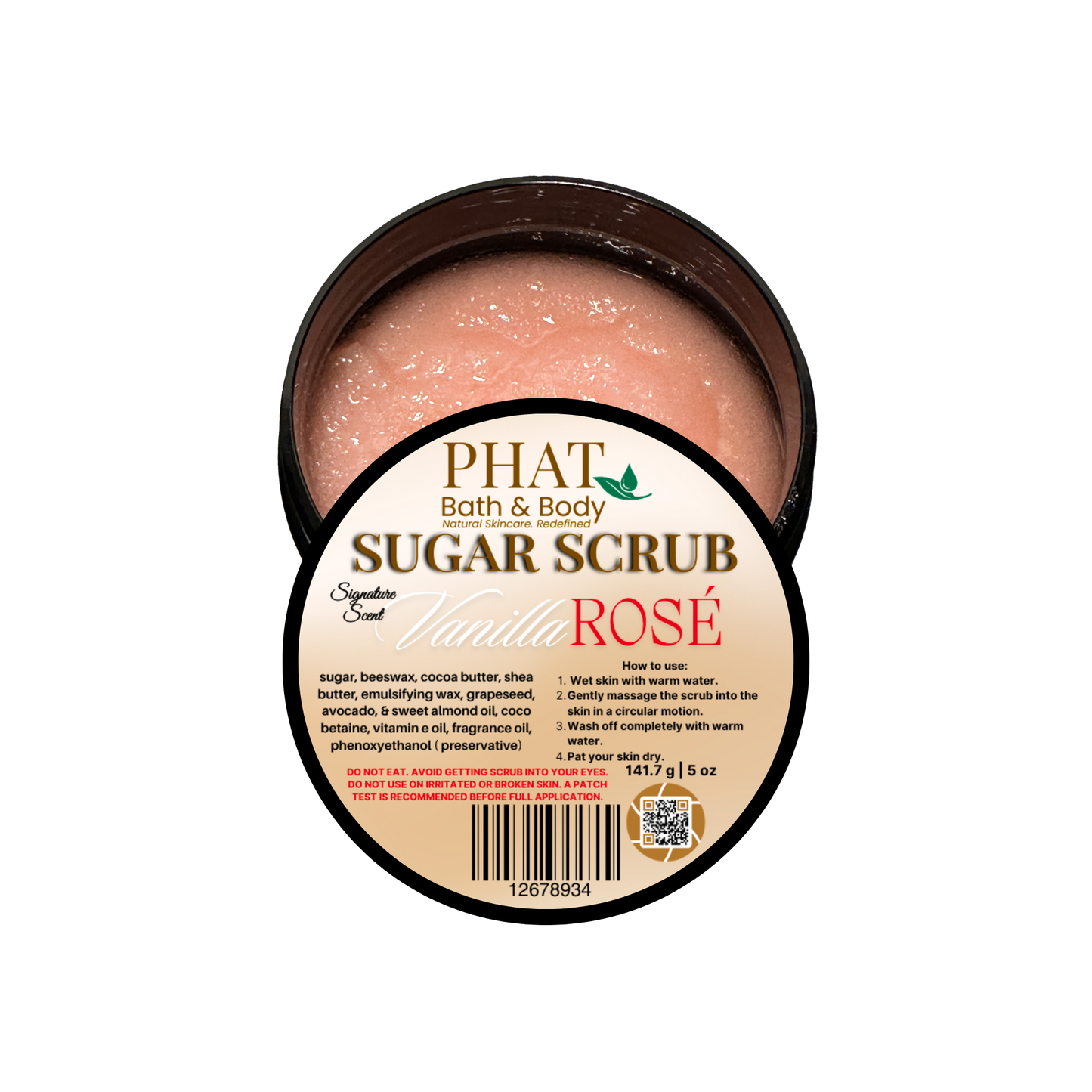 Jar of Phat Bath & Body Sugar Scrub with 'Vanilla Rosé' scent on a white background