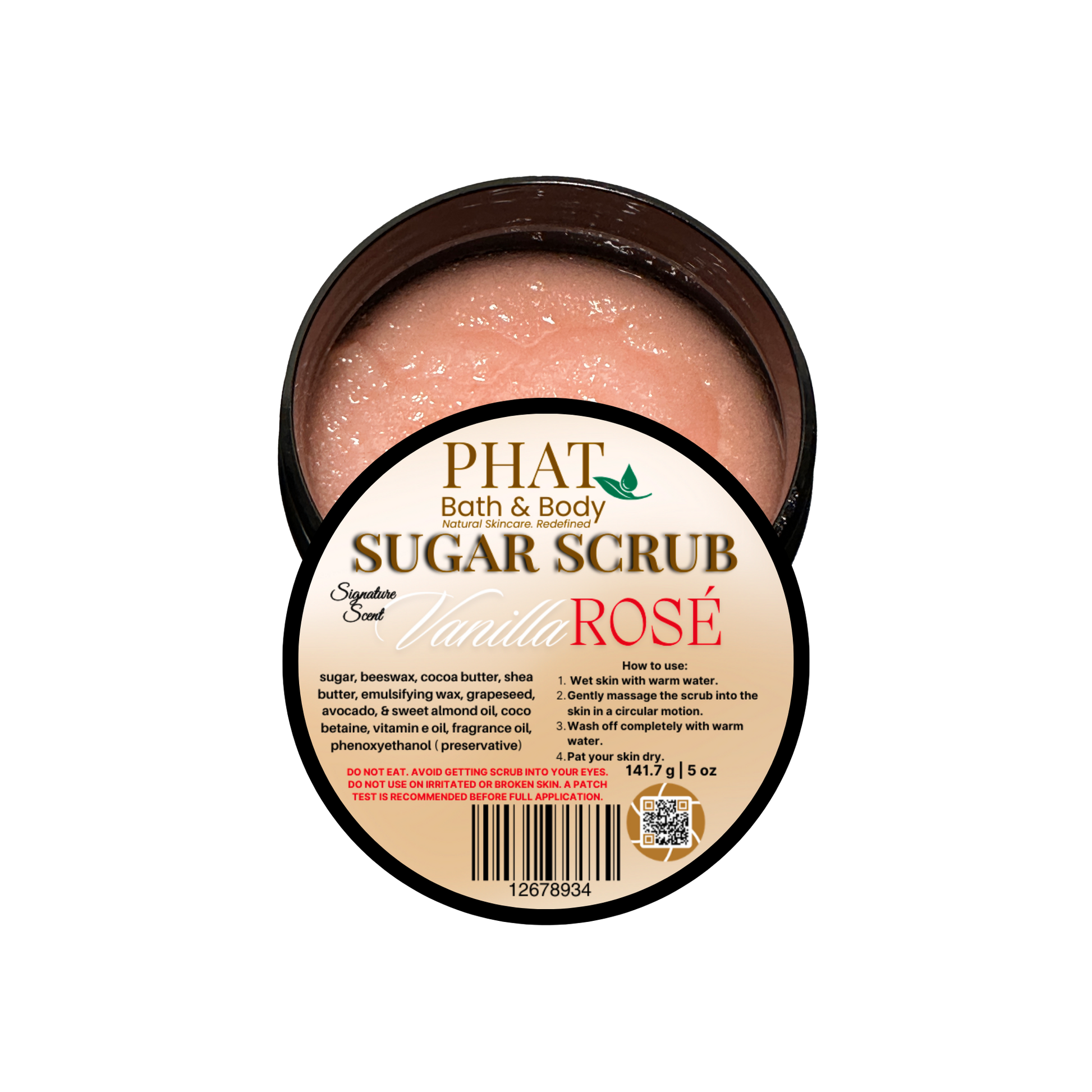 Jar of Phat Bath & Body Sugar Scrub with 'Vanilla Rosé' scent on a white background
