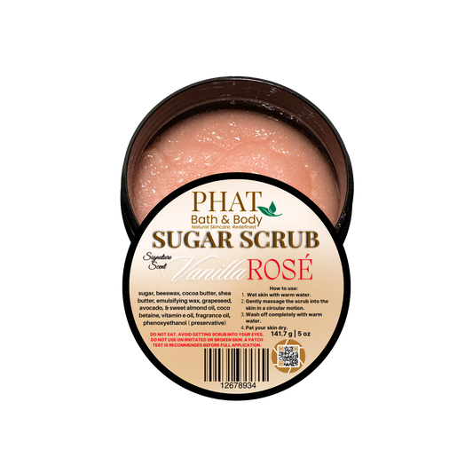 Jar of Phat Bath & Body Sugar Scrub with 'Vanilla Rosé' scent on a white background
