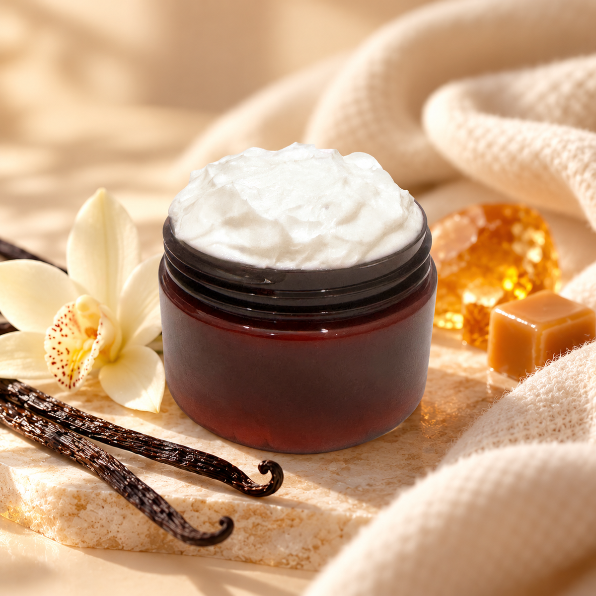 Open jar of Phat Bath & Body Vanilla Sky Body Lotion with vanilla, caramel, amber and soft cashmere inspired styling.