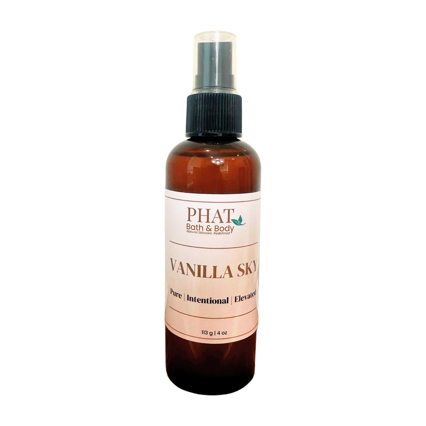 An amber spray bottle of PHAT Bath & Body Vanilla Sky, featuring a black spray nozzle and a cream-colored label with brown text.