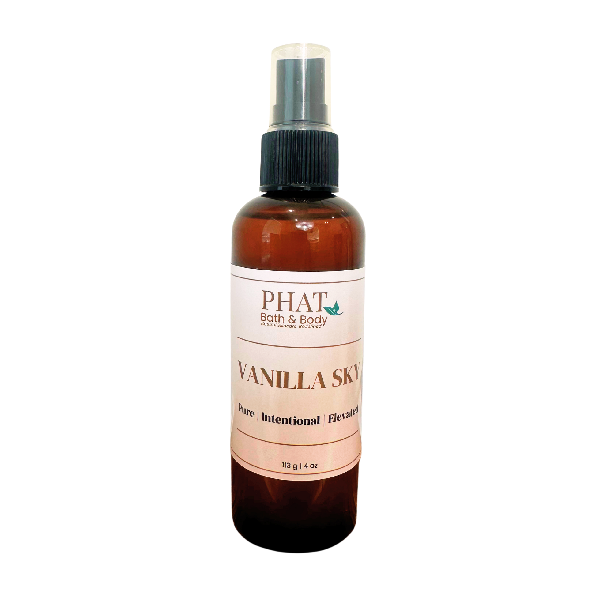 An amber spray bottle of PHAT Bath & Body Vanilla Sky, featuring a black spray nozzle and a cream-colored label with brown text.