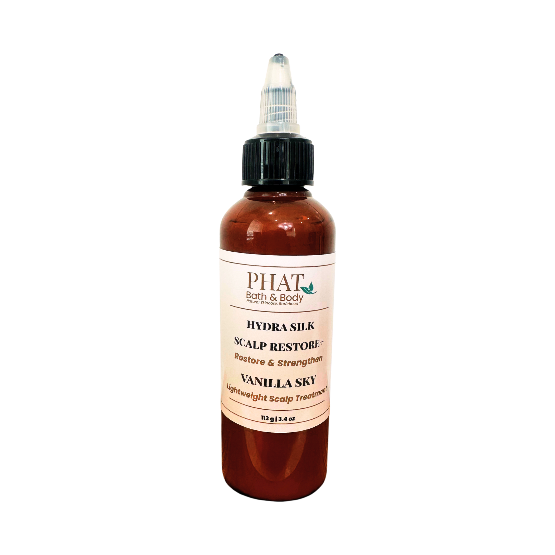 A bottle of PHAT Bath & Body Hydra Silk Scalp Restore in Vanilla Sky scent, featuring an amber bottle, black dropper cap, and a cream-colored label.