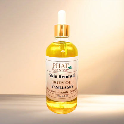 A bottle of PHAT Bath & Body Skin Renewal Body Oil in Vanilla Sky scent, filled with golden yellow oil and featuring a white dropper cap with a gold collar, set against a warm beige background.