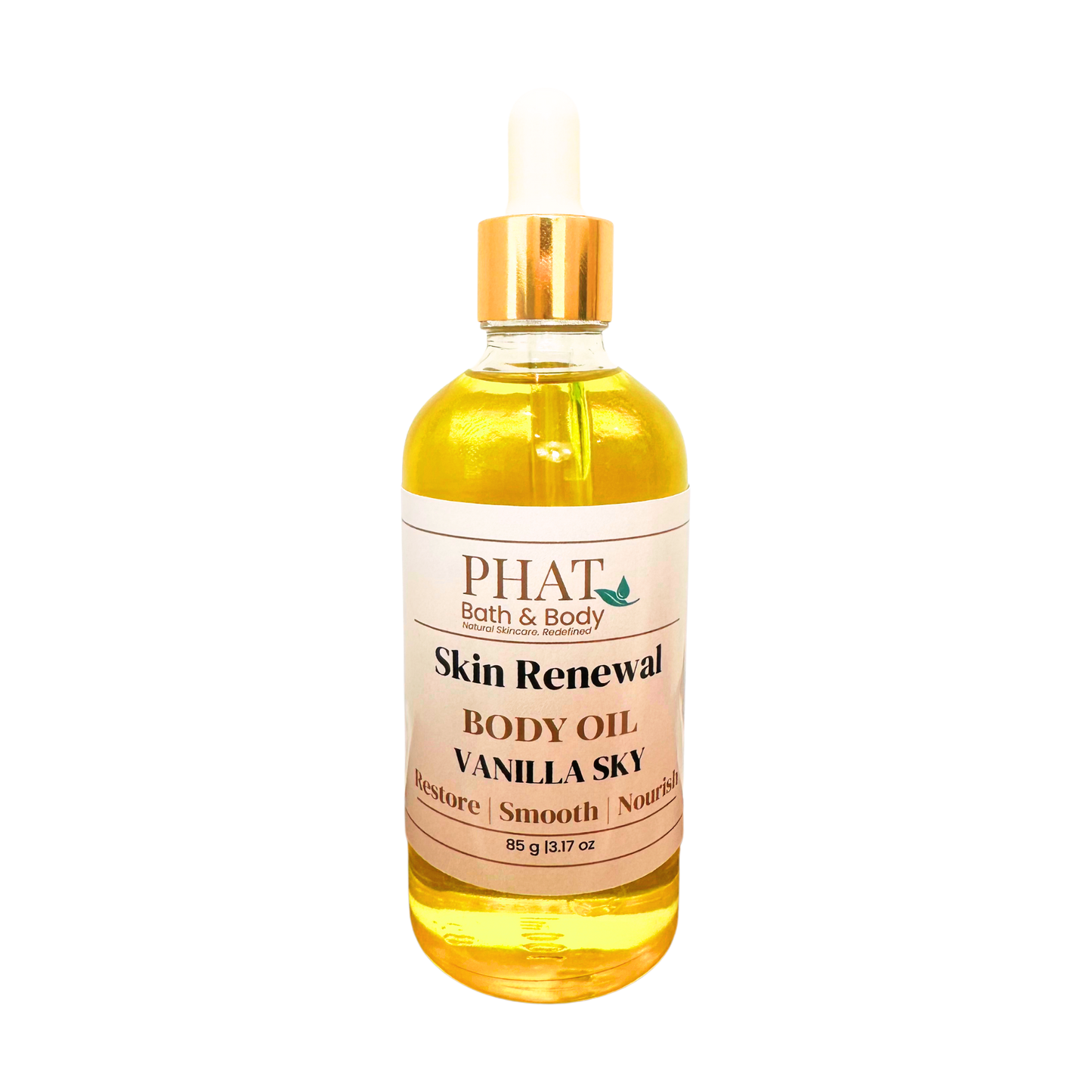 A bottle of PHAT Bath & Body Skin Renewal Body Oil in Vanilla Sky scent, filled with golden yellow oil and featuring a white label with a gold cap, set against a plain white background.