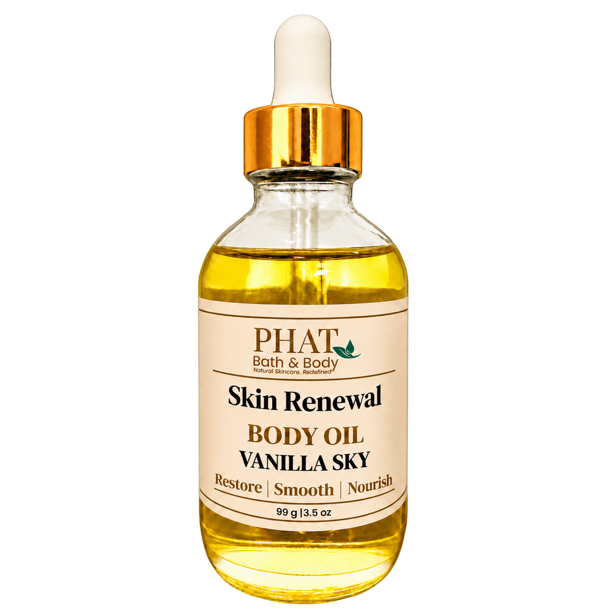 Phat Bath & Body Vanilla Sky Skin Renewal Body Oil in a 3.5 oz glass dropper bottle with a cream label and golden body oil.