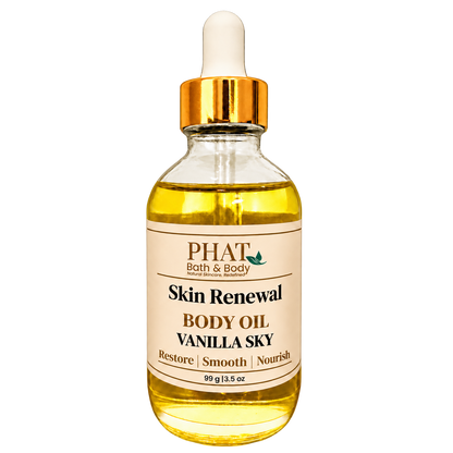 Phat Bath & Body Vanilla Sky Skin Renewal Body Oil in a 3.5 oz glass dropper bottle with a cream label and golden body oil.