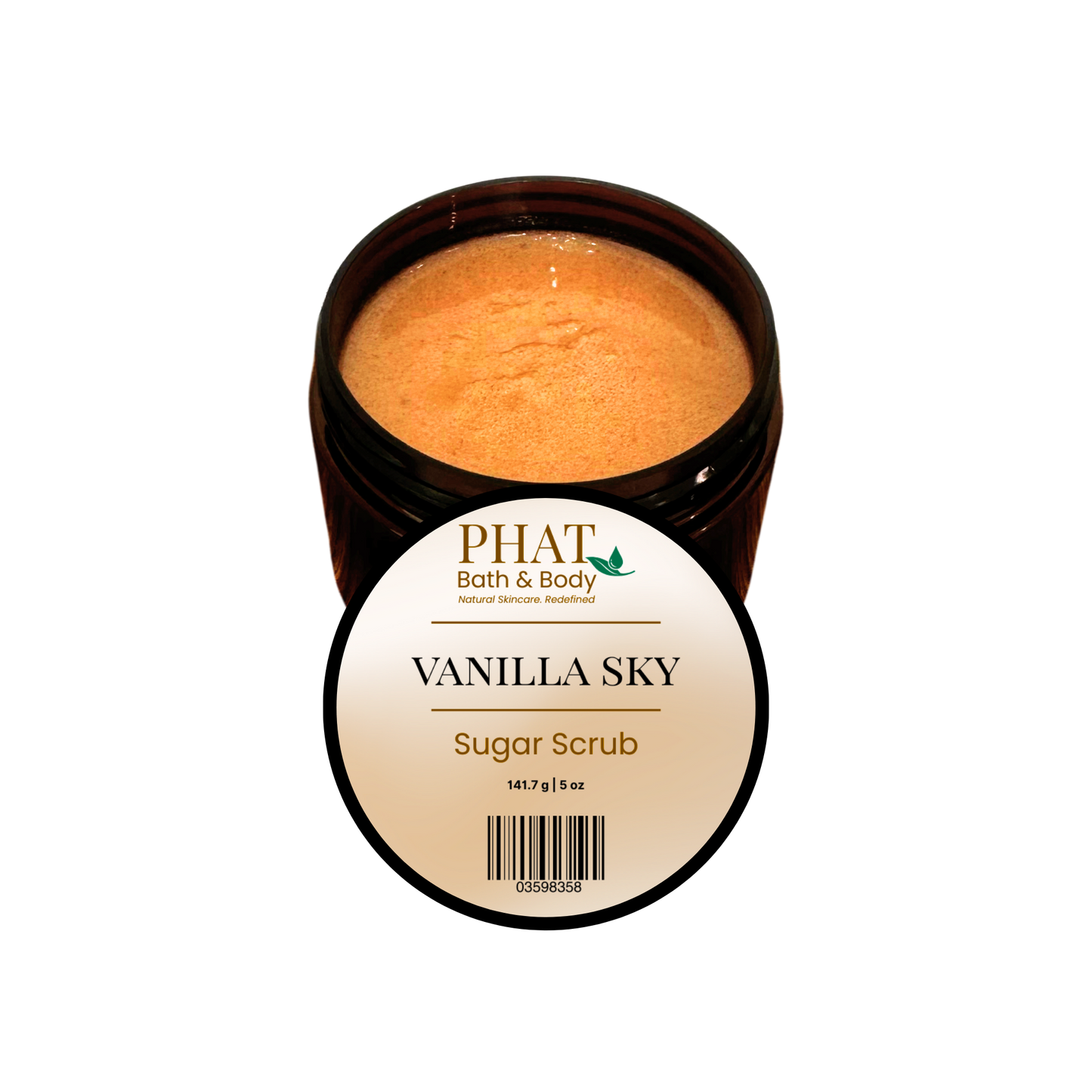 An open dark amber jar of PHAT Bath & Body Vanilla Sky Sugar Scrub, showing the light brown scrub inside, with a white circular label in front on a plain white background.