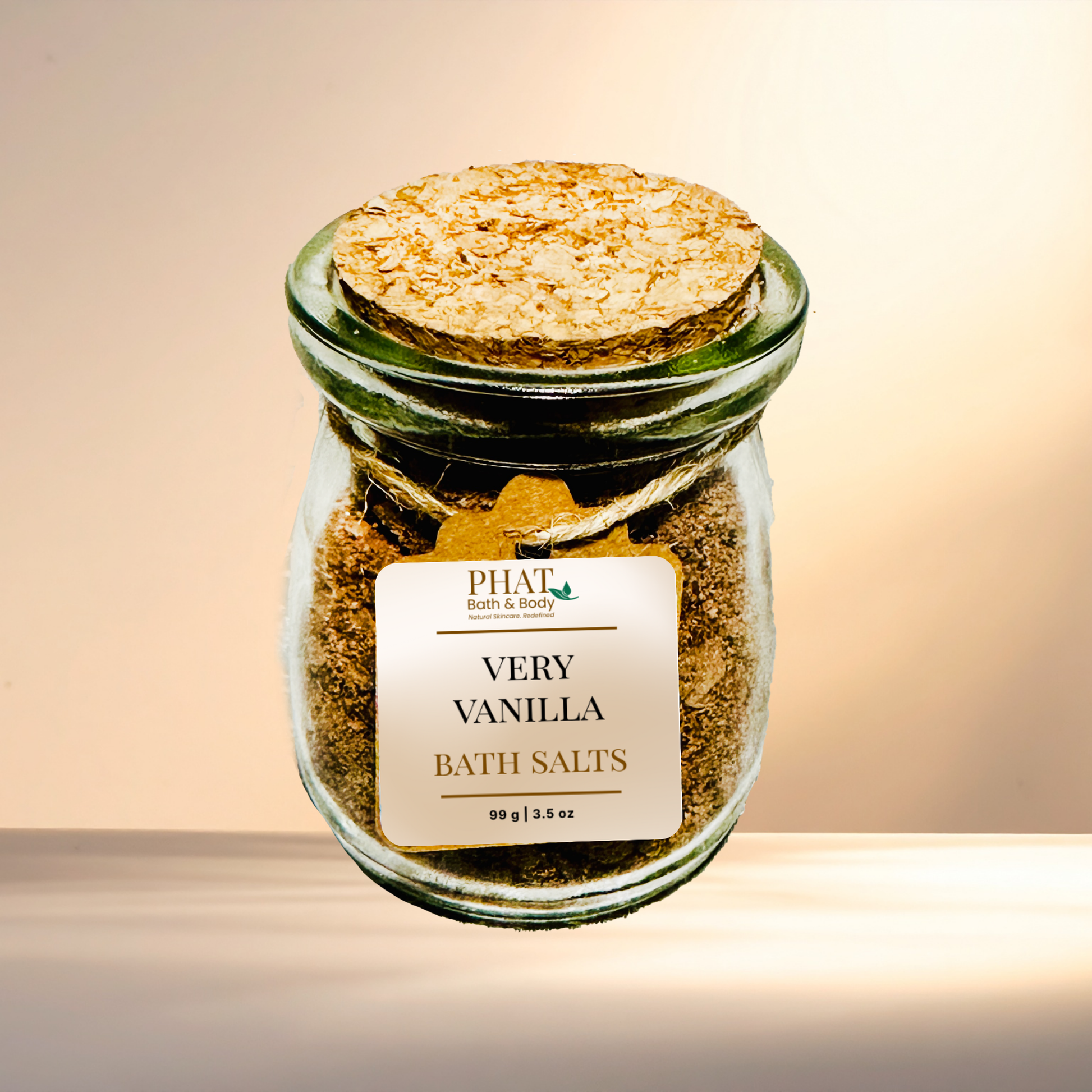 Jar of 'Very Vanilla Bath Salts' with a cork lid on a gradient background