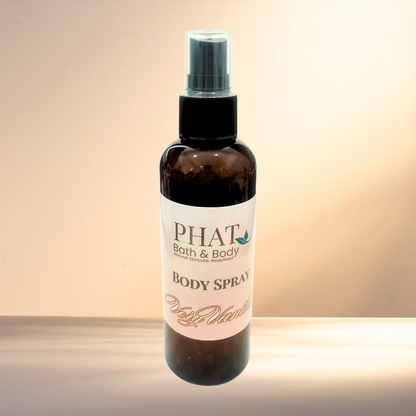 Body spray bottle with 'PHAT Bath & Body' label on a gradient background