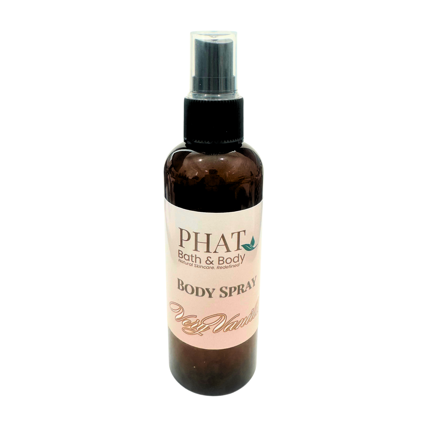Body spray bottle with a label on a white background