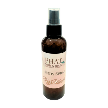 Body spray bottle with a label on a white background