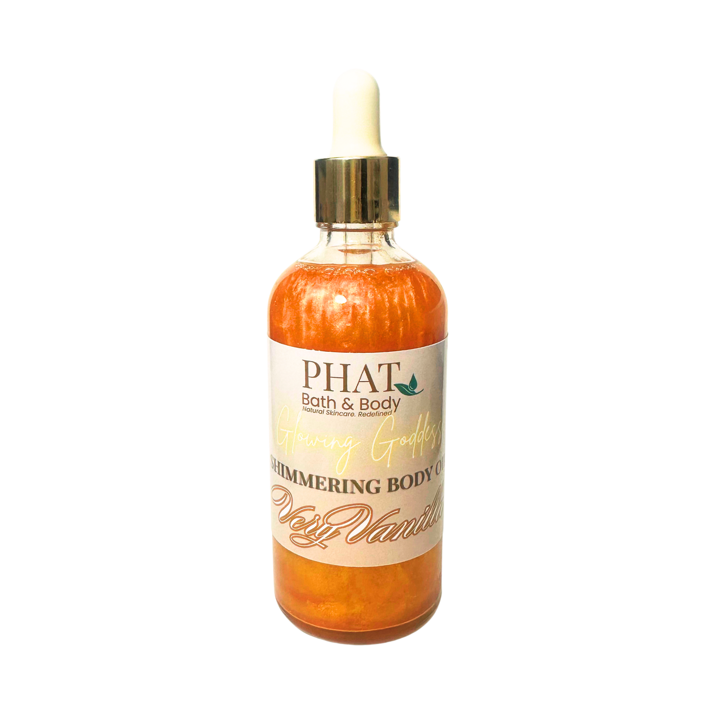 Bottle of 'Phat Bath & Body' shimmering body oil on a white background