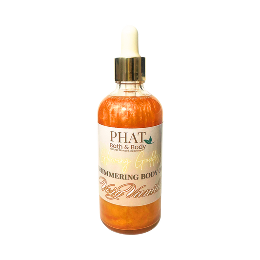 Bottle of 'Phat Bath & Body' shimmering body oil on a white background
