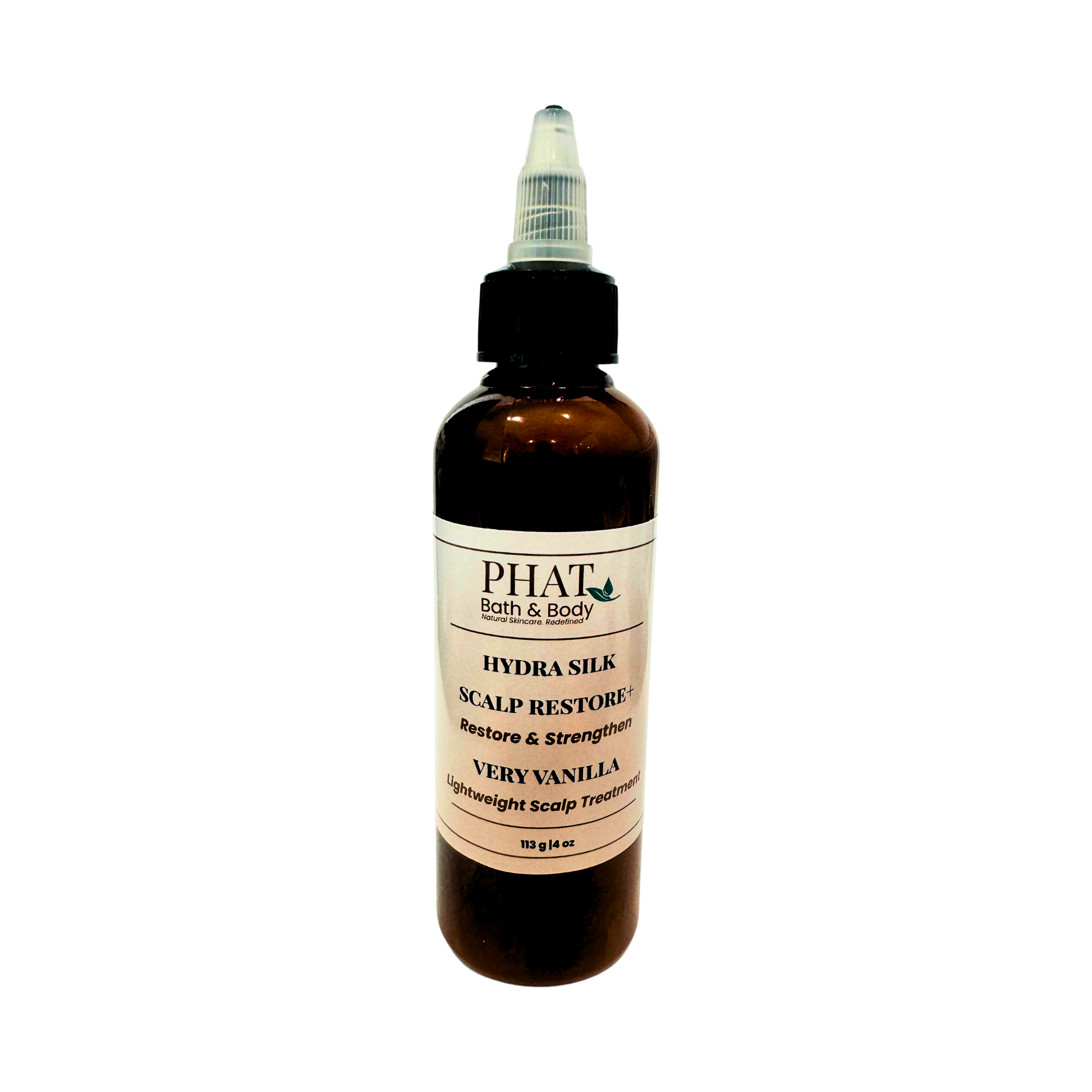 Bottle of Phat Bath & Body Hydra Silk Scalp Restore treatment on a white background