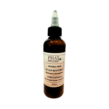 Bottle of Phat Bath & Body Hydra Silk Scalp Restore treatment on a white background