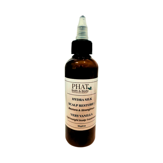 Bottle of Phat Bath & Body Hydra Silk Scalp Restore treatment on a white background