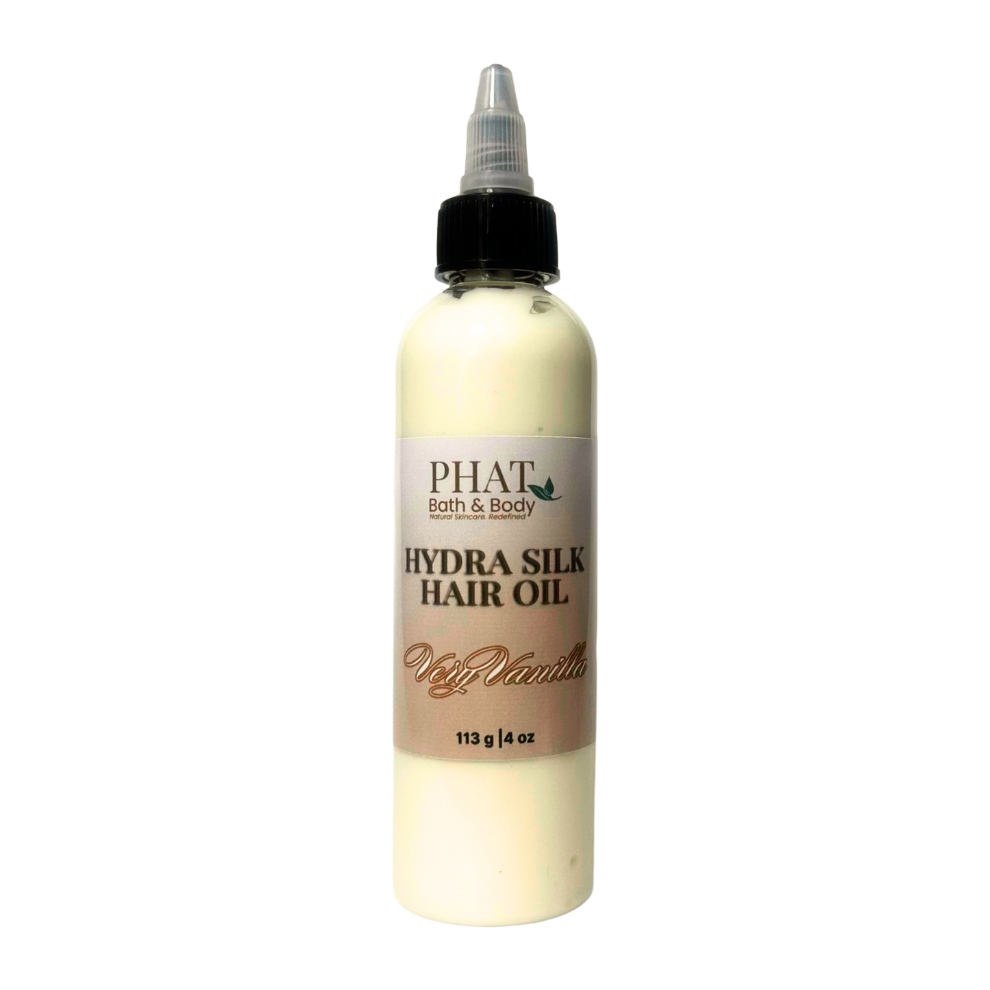 Bottle of Phat Bath & Body Hydra Silk Hair Oil on a white background
