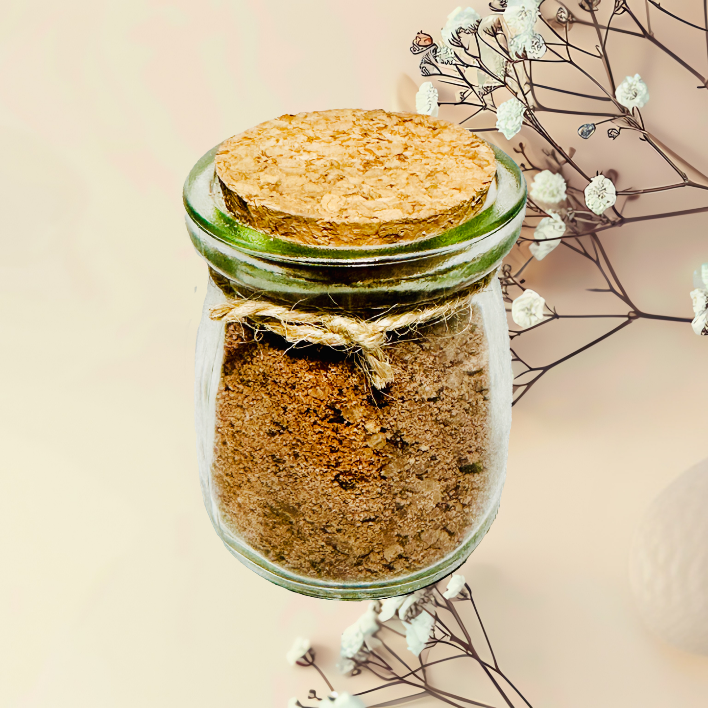 Glass jar with cork lid containing bath salts, surrounded by decorative flowers on a beige background