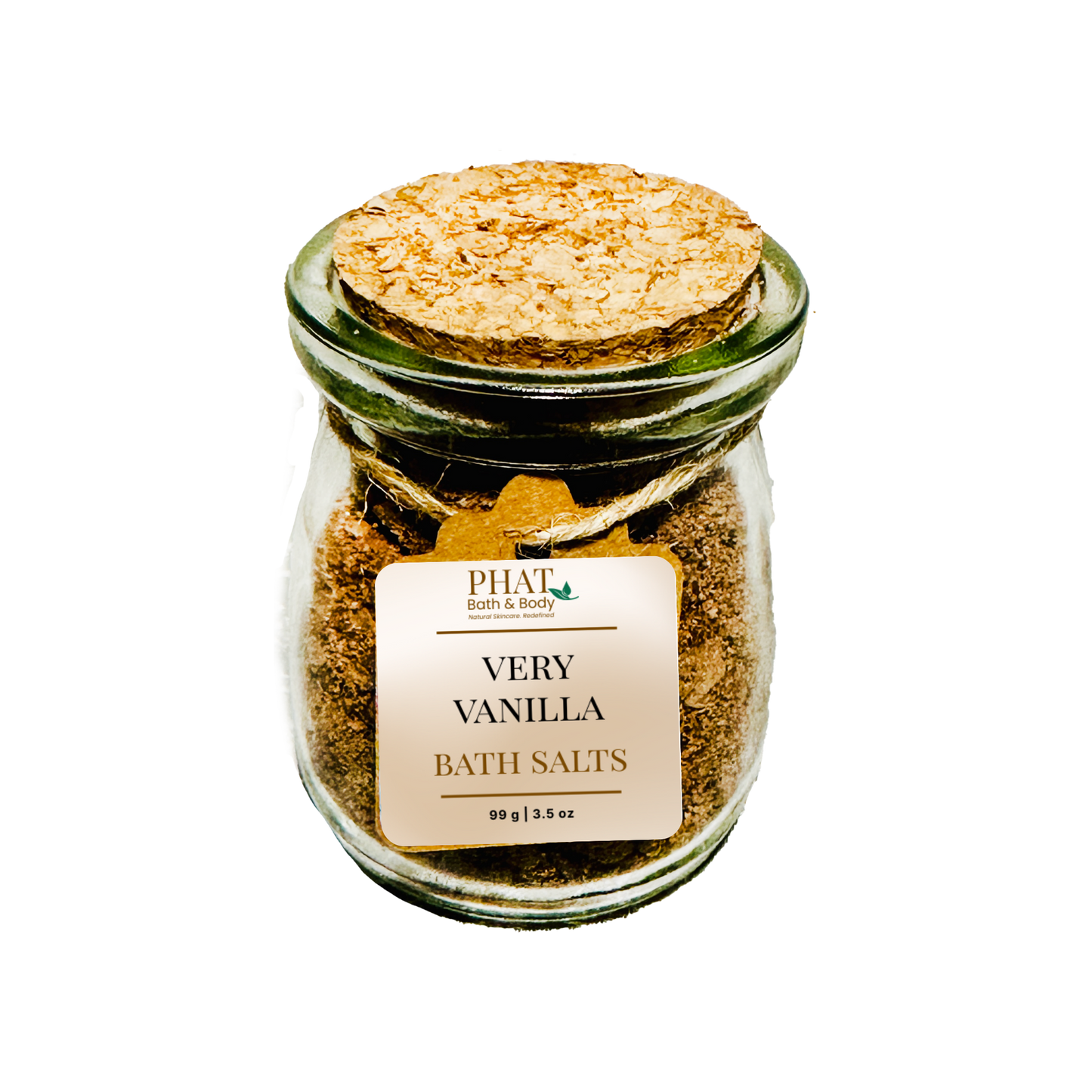Jar of 'Very Vanilla Bath Salts' with a cork lid on a white background