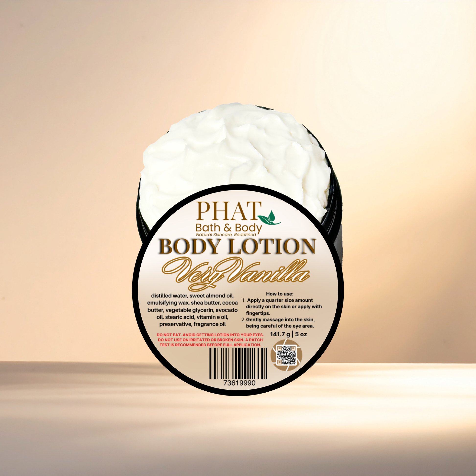 Body lotion container labeled 'Very Vanilla' by 'PHAT Bath & Body' on a beige background