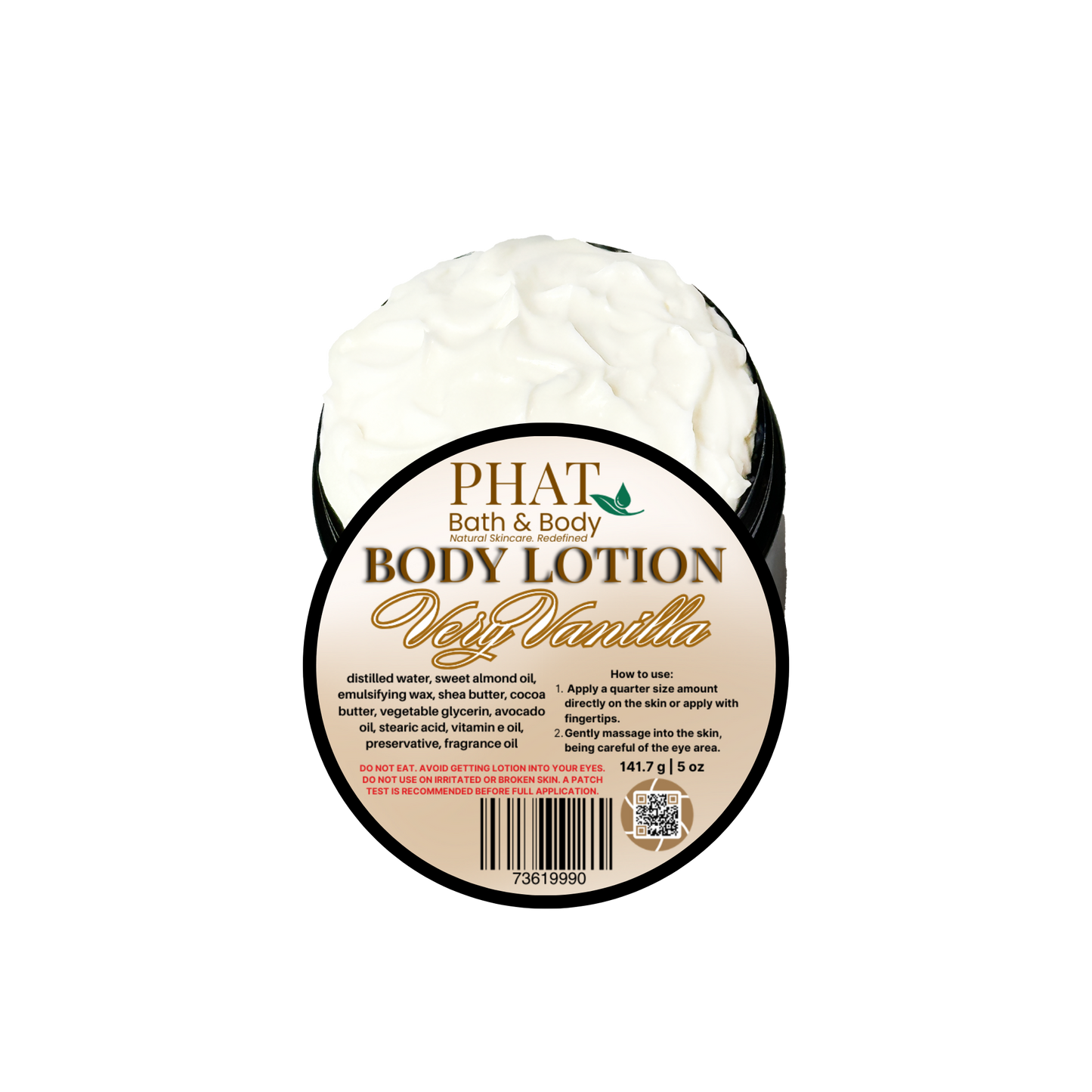 Body lotion container with 'Phat Bath & Body' label on a white background