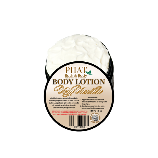 Body lotion container with 'Phat Bath & Body' label on a white background