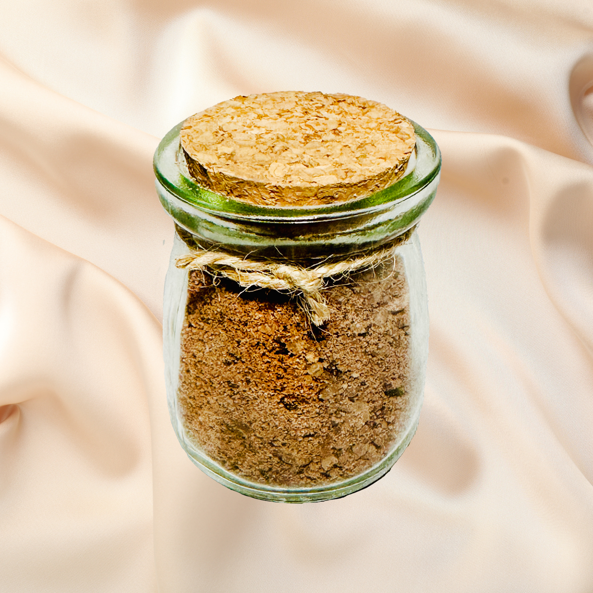 Glass jar with cork lid filled with bath salts on a soft beige fabric background