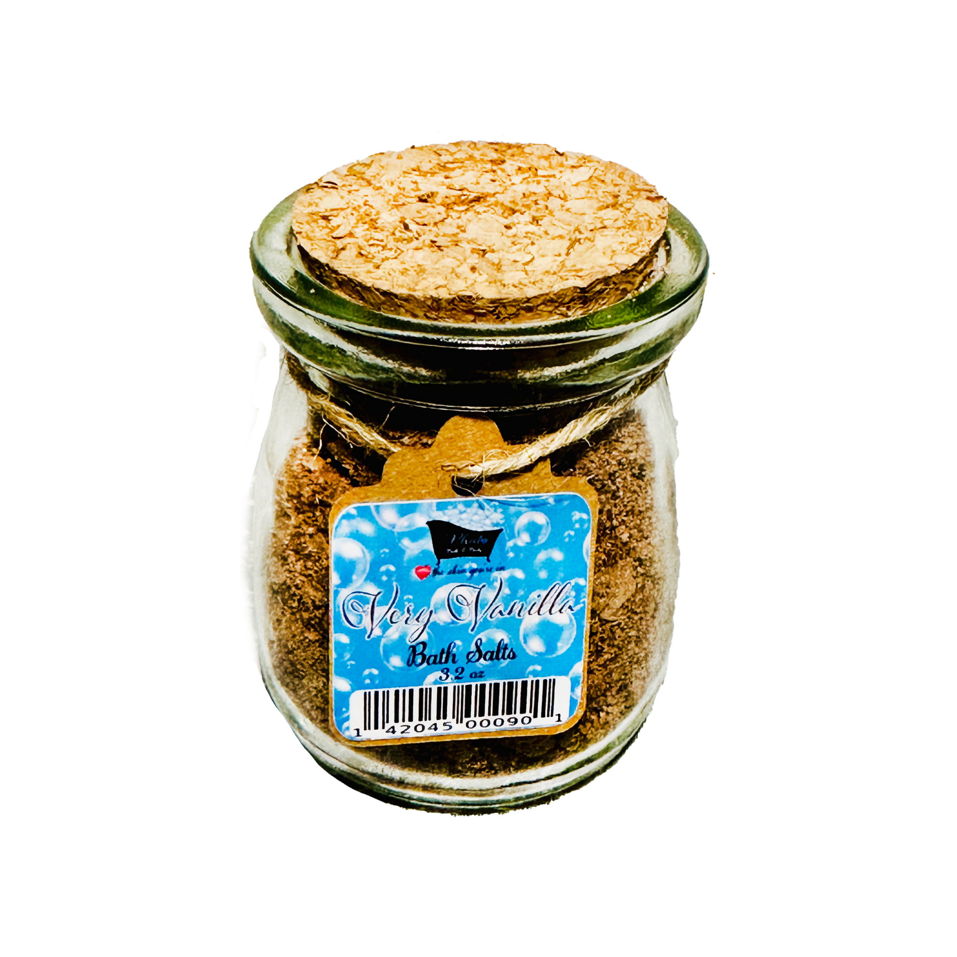 Jar of bath salts with a cork lid on a white background