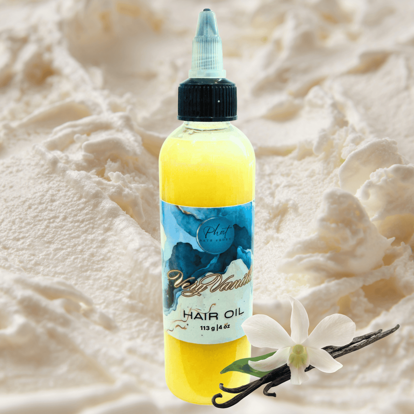 Bottle of hair oil with vanilla flower and vanilla bean on a soft, beige background